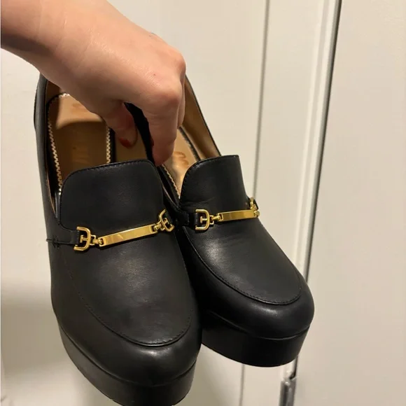 Sam Edelman Y2K stacked chunky black leather gold buckle loafers sz 10 - Picture 8 of 9
